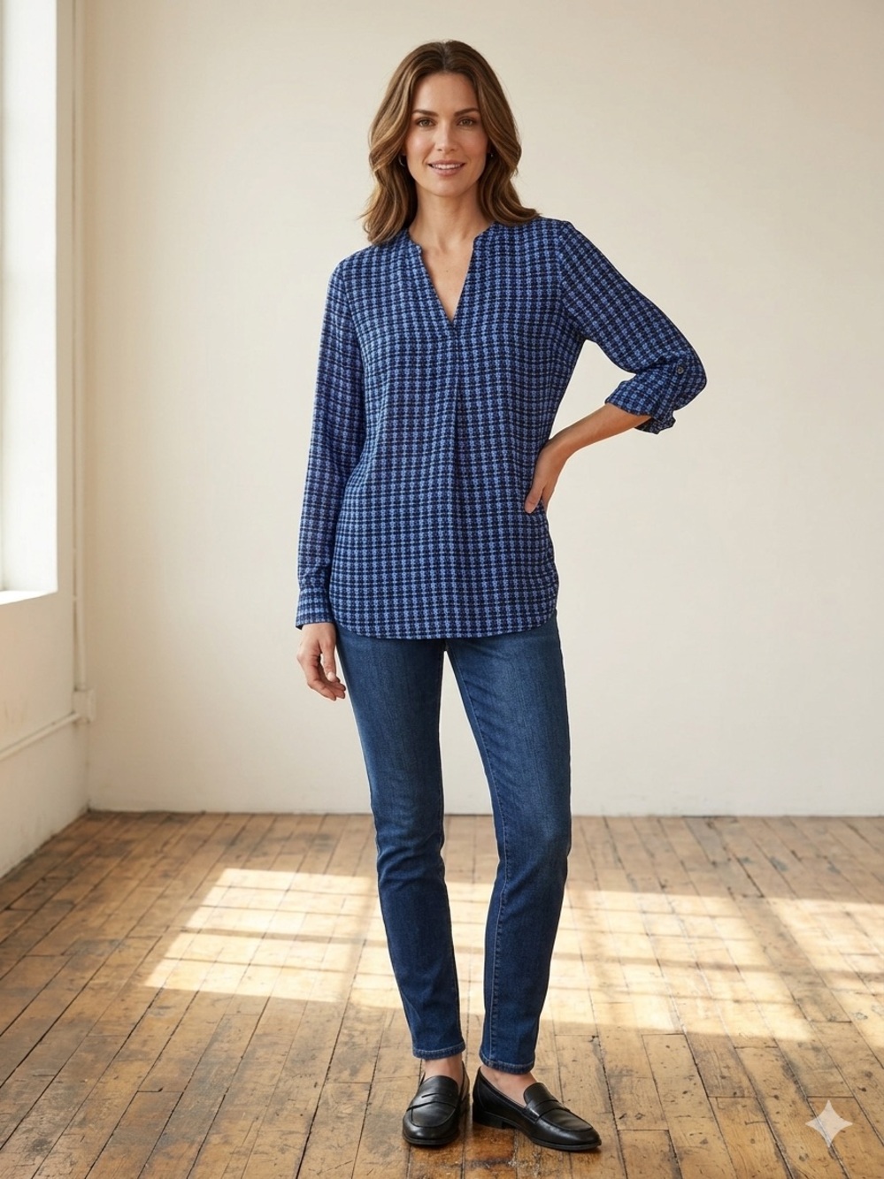 Lord & Taylor Blue Abstract Pixelated Print Blouse - Roll Tab Sleeves - Size M